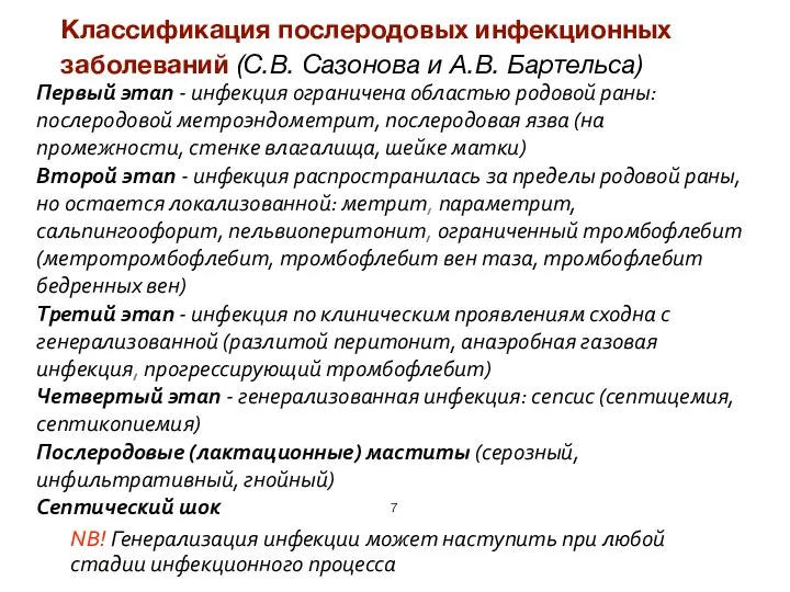 Классификация послеродовых инфекционных заболеваний (С.В. Сазонова и А.В. Бартельса) Первый этап