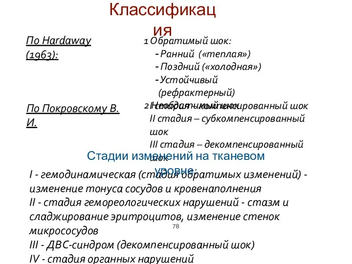 Классификация По Hardaway (1963): 1 Обратимый шок: Ранний («теплая») Поздний («холодная»)