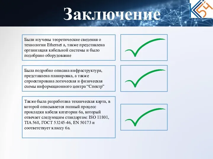 Заключение Были изучены теоретические сведения о технологии Ethernet а, также представлена