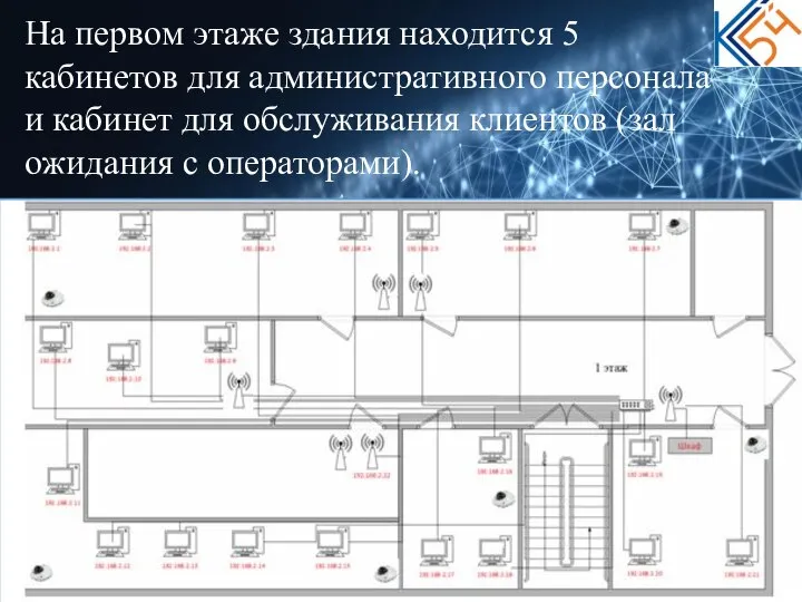 На первом этаже здания находится 5 кабинетов для административного персонала и