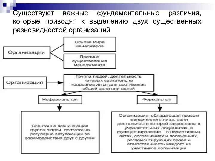 Существуют важные фундаментальные различия, которые приводят к выделению двух существенных разновидностей организаций