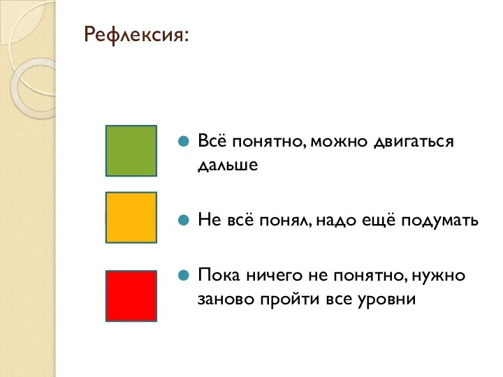 Рефлексия: Всё понятно, можно двигаться дальше Не всё понял, надо ещё