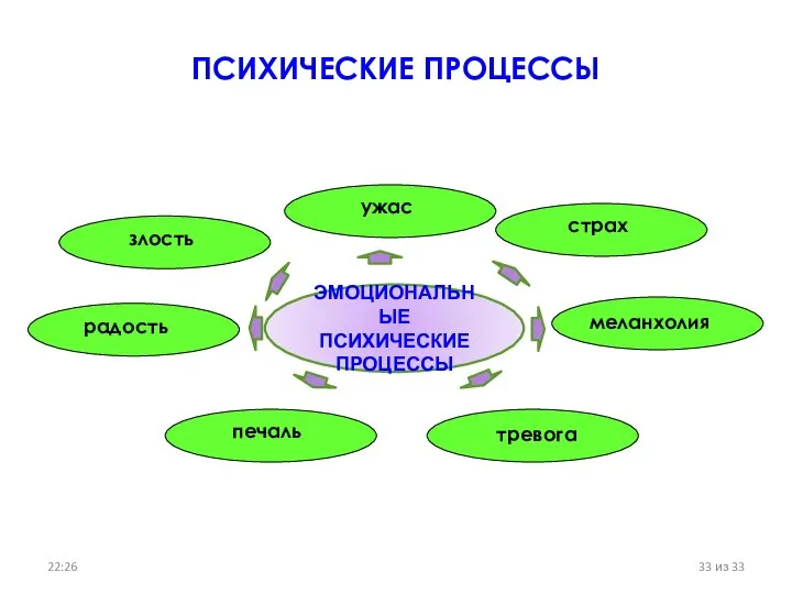 радость печаль меланхолия тревога ЭМОЦИОНАЛЬНЫЕ ПСИХИЧЕСКИЕ ПРОЦЕССЫ злость ужас страх ПСИХИЧЕСКИЕ ПРОЦЕССЫ 22:26 из 33