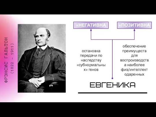 «НЕГАТИВНАЯ» «ПОЗИТИВНАЯ» остановка передачи по наследству «субнормальных» генов обеспечение преимуществ для воспроизводства наиболее физ/интеллект одаренных