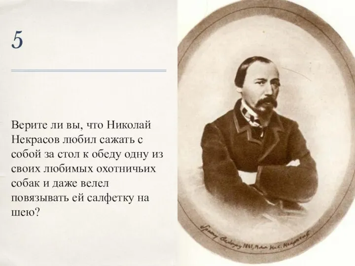 5 Верите ли вы, что Николай Некрасов любил сажать с собой