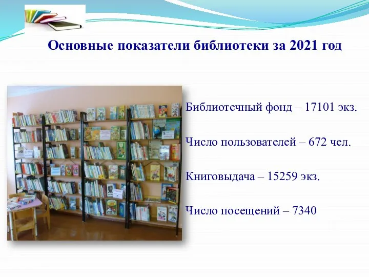 Библиотечный фонд – 17101 экз. Число пользователей – 672 чел. Книговыдача