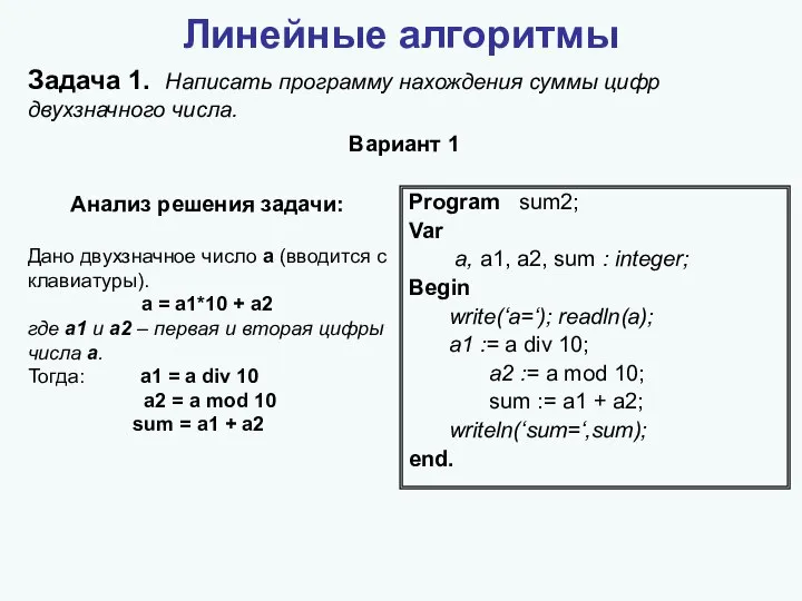 Линейные алгоритмы Задача 1. Написать программу нахождения суммы цифр двухзначного числа.