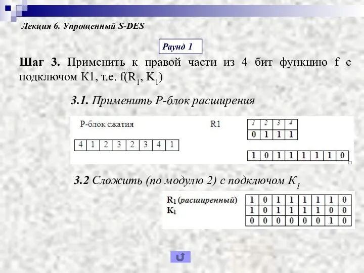 Лекция 6. Упрощенный S-DES Шаг 3. Применить к правой части из