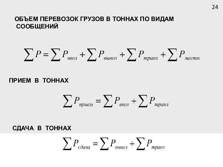 ОБЪЕМ ПЕРЕВОЗОК ГРУЗОВ В ТОННАХ ПО ВИДАМ СООБЩЕНИЙ ПРИЕМ В ТОННАХ СДАЧА В ТОННАХ 24