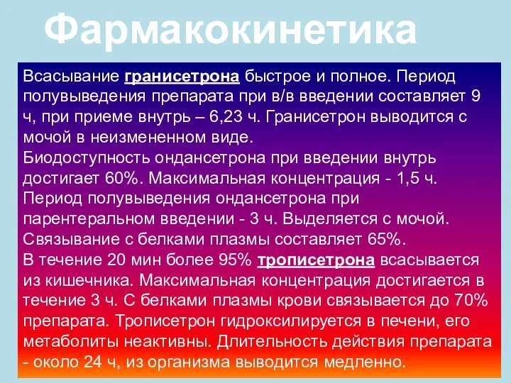 Всасывание гранисетрона быстрое и полное. Период полувыведения препарата при в/в введении