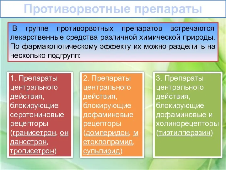 В группе противорвотных препаратов встречаются лекарственные средства различной химической природы. По