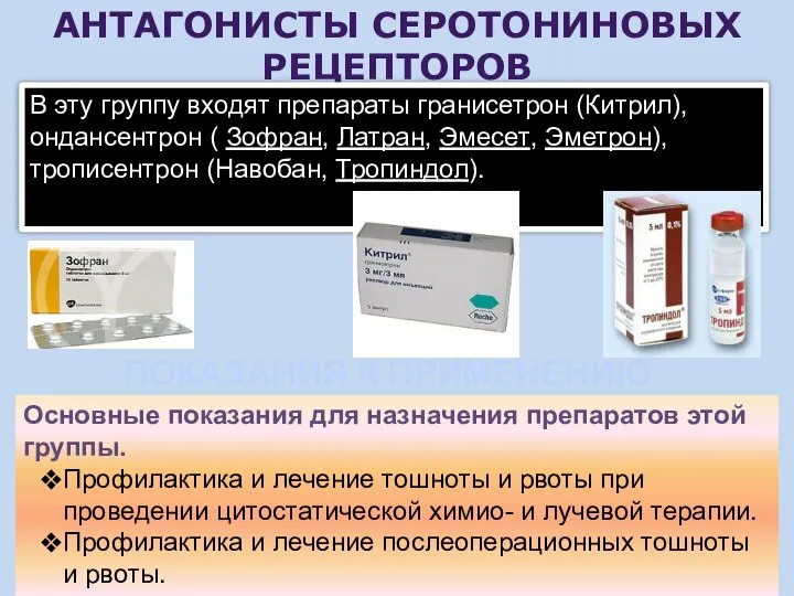 АНТАГОНИСТЫ СЕРОТОНИНОВЫХ РЕЦЕПТОРОВ В эту группу входят препараты гранисетрон (Китрил), ондансентрон