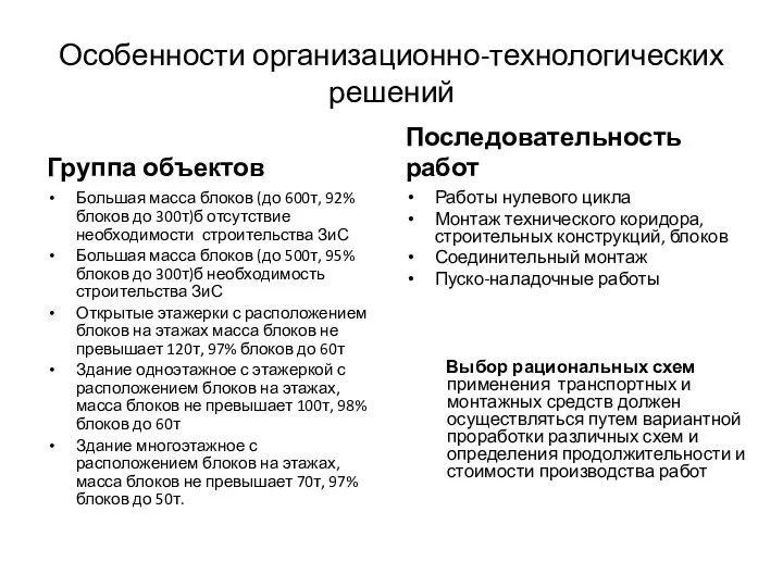 Особенности организационно-технологических решений Группа объектов Большая масса блоков (до 600т, 92%блоков