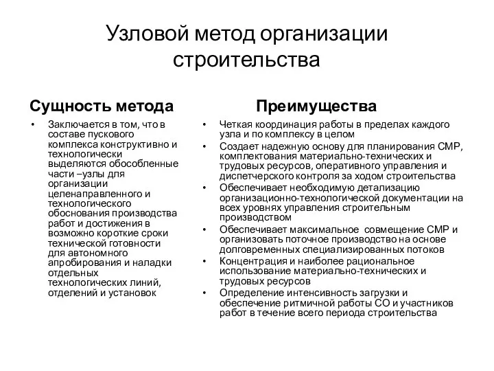 Узловой метод организации строительства Сущность метода Заключается в том, что в