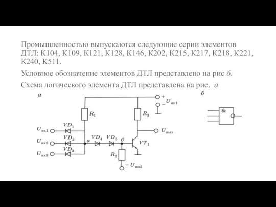 Промышленностью выпускаются следующие серии элементов ДТЛ: К104, К109, К121, К128, К146,