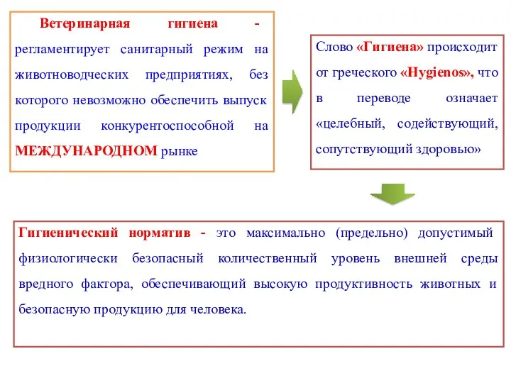 Ветеринарная гигиена - регламентирует санитарный режим на животноводческих предприятиях, без которого