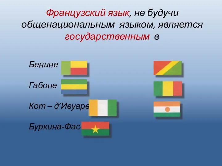 Бенине Габоне Кот – д’Ивуаре Буркина-Фасо Конго Мали Нигере Французский язык,