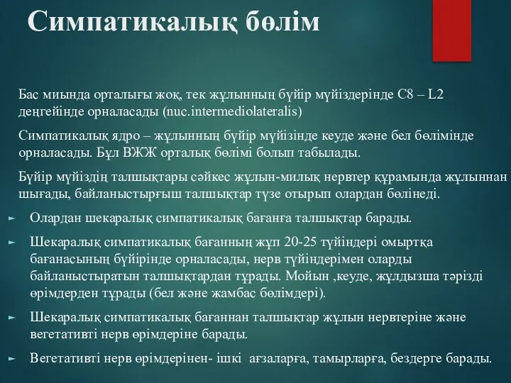 Симпатикалық бөлім Бас миында орталығы жоқ, тек жұлынның бүйір мүйіздерінде C8