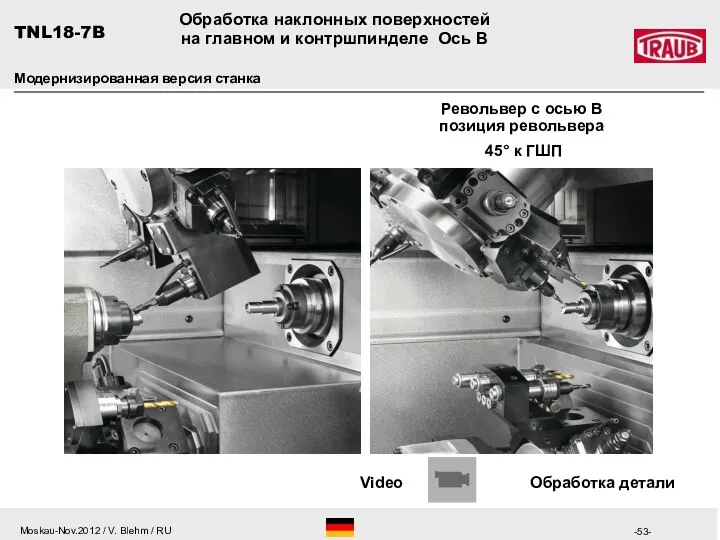 Револьвер с осью B позиция револьвера 45° к ГШП Обработка наклонных