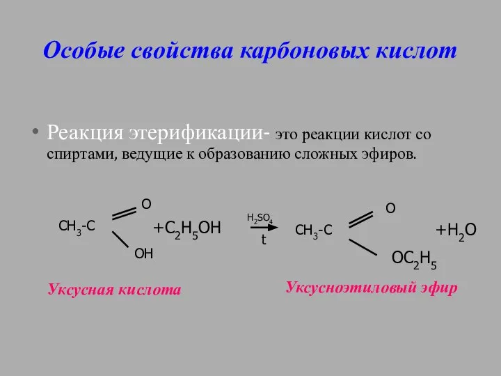 Особые свойства карбоновых кислот Реакция этерификации- это реакции кислот со спиртами,
