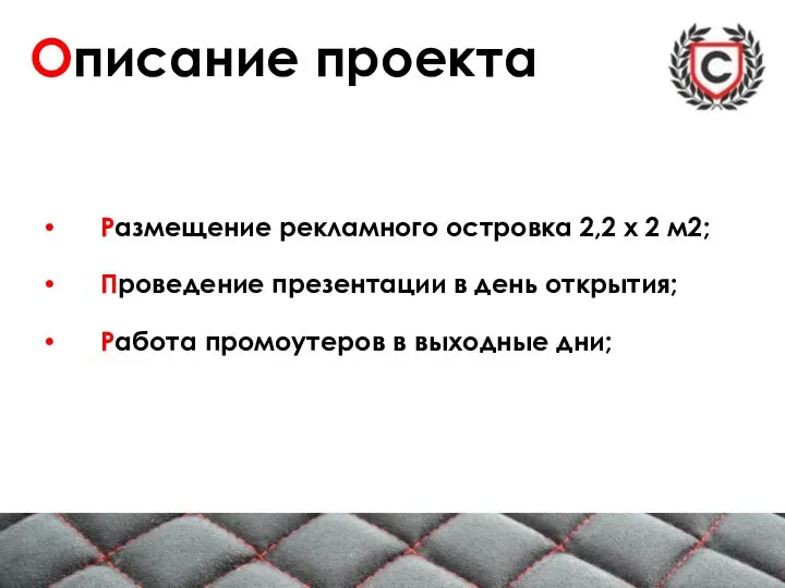 Описание проекта Размещение рекламного островка 2,2 х 2 м2; Проведение презентации