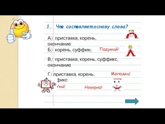 1. Что составляет основу слова? А) приставка, корень, окончание Б) корень,