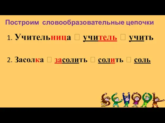 Построим словообразовательные цепочки 1. Учительница ? учитель ? учить 2. Засолка