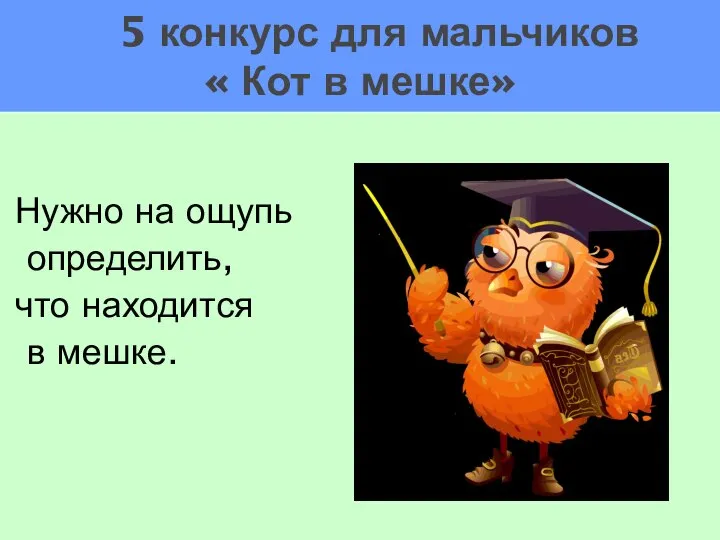 Нужно на ощупь определить, что находится в мешке. 5 конкурс для мальчиков « Кот в мешке»