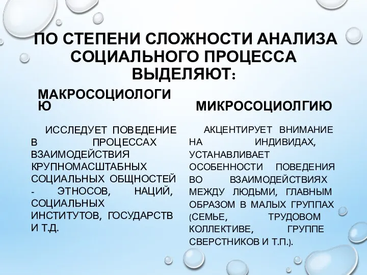 ПО СТЕПЕНИ СЛОЖНОСТИ АНАЛИЗА СОЦИАЛЬНОГО ПРОЦЕССА ВЫДЕЛЯЮТ: МАКРОСОЦИОЛОГИЮ ИССЛЕДУЕТ ПОВЕДЕНИЕ В