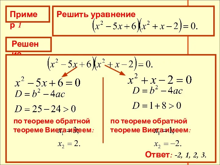 Пример 1 Решить уравнение Решение по теореме обратной теореме Виета имеем: