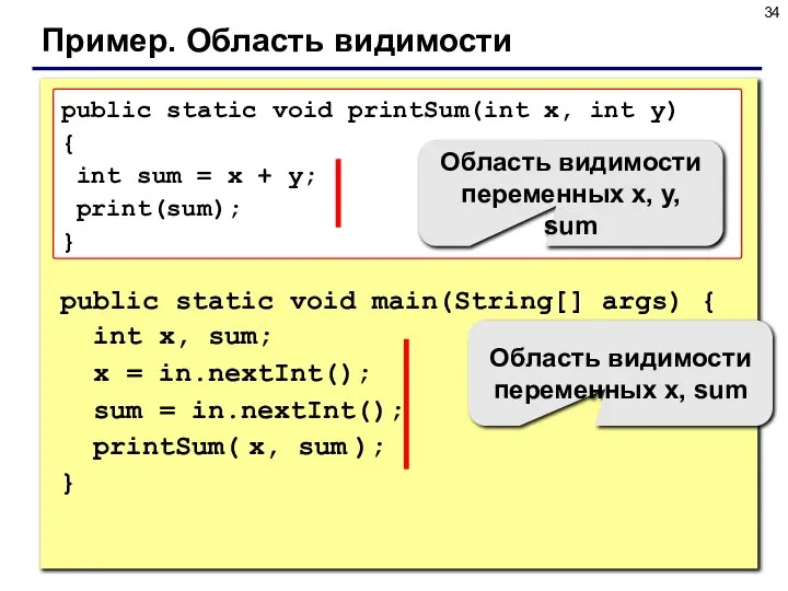 Пример. Область видимости public static void main(String[] args) { int x,