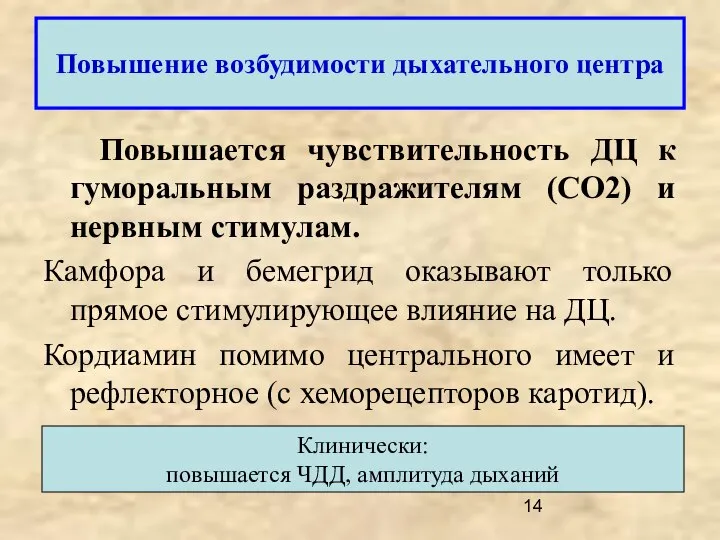 Повышается чувствительность ДЦ к гуморальным раздражителям (СО2) и нервным стимулам. Камфора