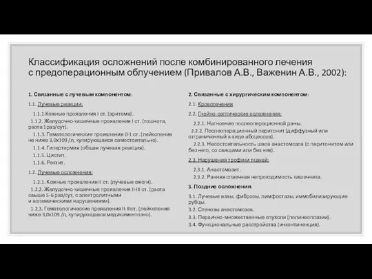 Классификация осложнений после комбинированного лечения с предоперационным облучением (Привалов А.В., Важенин