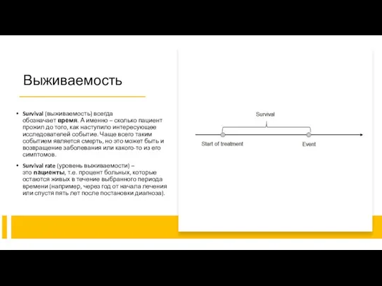 Выживаемость Survival (выживаемость) всегда обозначает время. А именно – сколько пациент