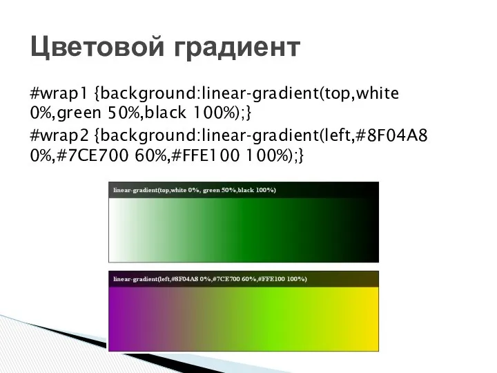 #wrap1 {background:linear-gradient(top,white 0%,green 50%,black 100%);} #wrap2 {background:linear-gradient(left,#8F04A8 0%,#7CE700 60%,#FFE100 100%);} Цветовой градиент
