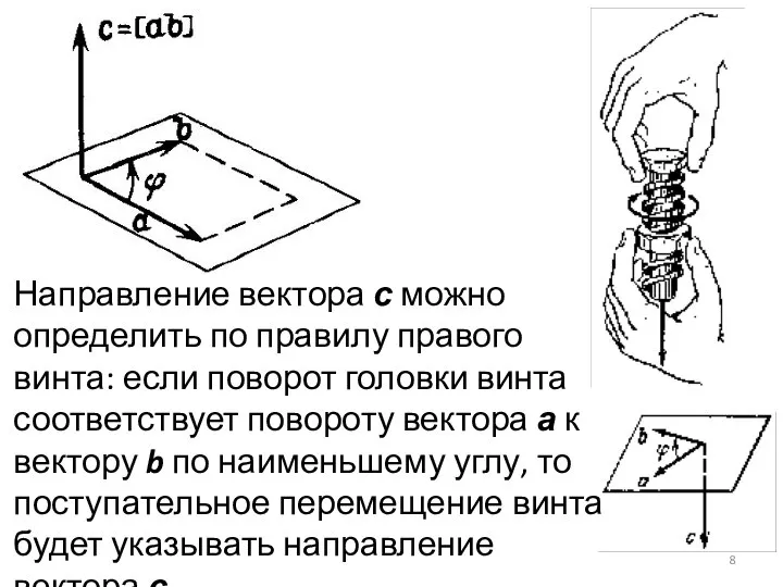 Направление вектора с можно определить по правилу правого винта: если поворот