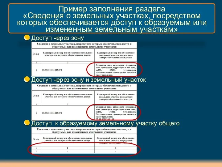 Пример заполнения раздела «Сведения о земельных участках, посредством которых обеспечивается доступ