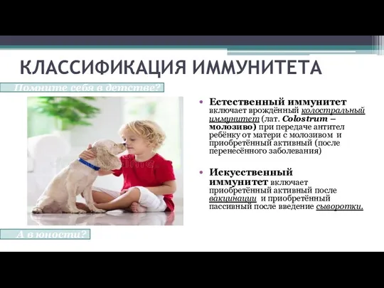 КЛАССИФИКАЦИЯ ИММУНИТЕТА Помните себя в детстве? А в юности? Естественный иммунитет