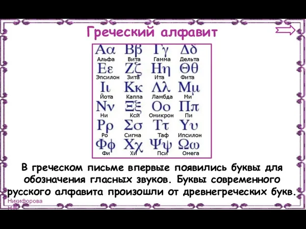 Греческий алфавит В греческом письме впервые появились буквы для обозначения гласных