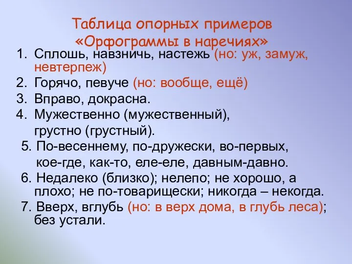 Сплошь, навзничь, настежь (но: уж, замуж, невтерпеж) Горячо, певуче (но: вообще,