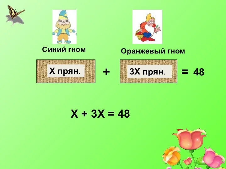 Синий гном Оранжевый гном Х прян. 3Х прян. + = 48 Х + 3Х = 48