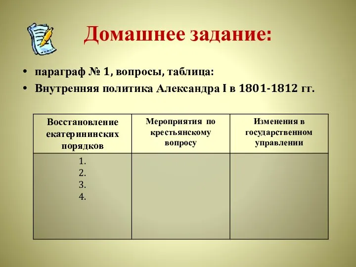 Домашнее задание: параграф № 1, вопросы, таблица: Внутренняя политика Александра I в 1801-1812 гг.