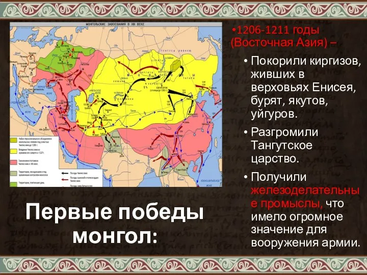 Первые победы монгол: 1206-1211 годы (Восточная Азия) – Покорили киргизов, живших