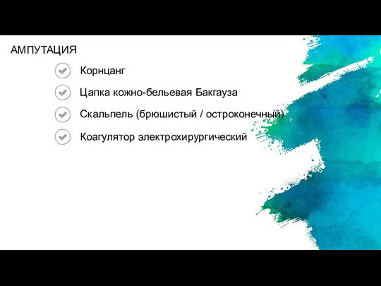 Корнцанг Цапка кожно-бельевая Бакгауза Скальпель (брюшистый / остроконечный) Коагулятор электрохирургический АМПУТАЦИЯ