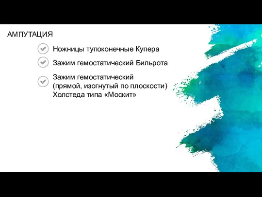 Ножницы тупоконечные Купера Зажим гемостатический Бильрота Зажим гемостатический (прямой, изогнутый по плоскости) Холстеда типа «Москит» АМПУТАЦИЯ