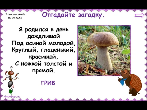 Отгадайте загадку. Клик мышкой на загадку Я родился в день дождливый