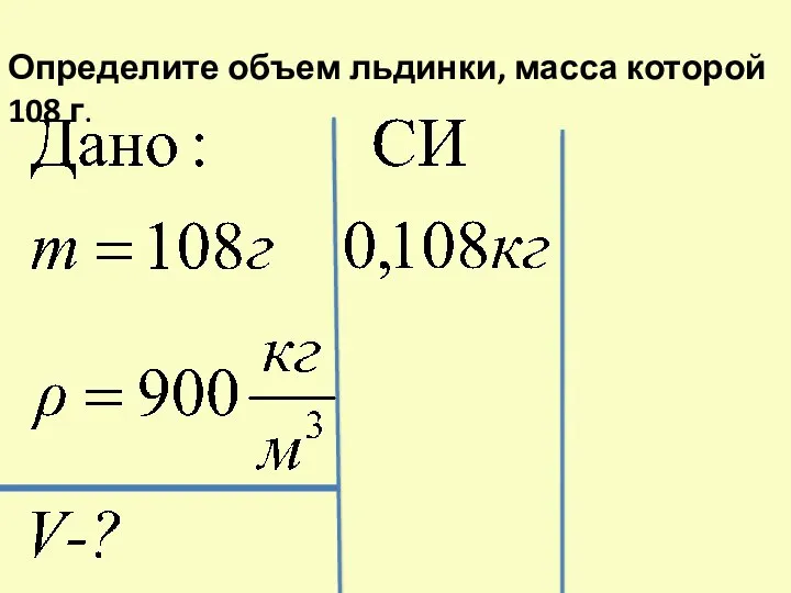 Определите объем льдинки, масса которой 108 г.