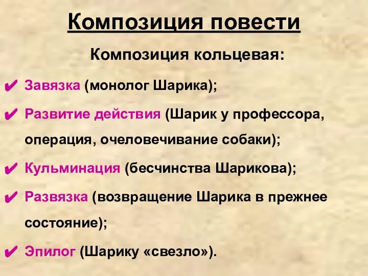 Композиция повести Композиция кольцевая: Завязка (монолог Шарика); Развитие действия (Шарик у