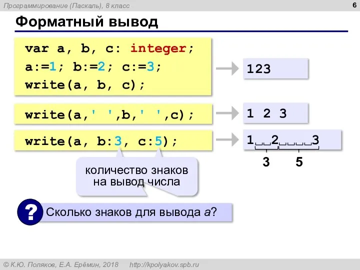 Форматный вывод var a, b, c: integer; a:=1; b:=2; c:=3; write(a,