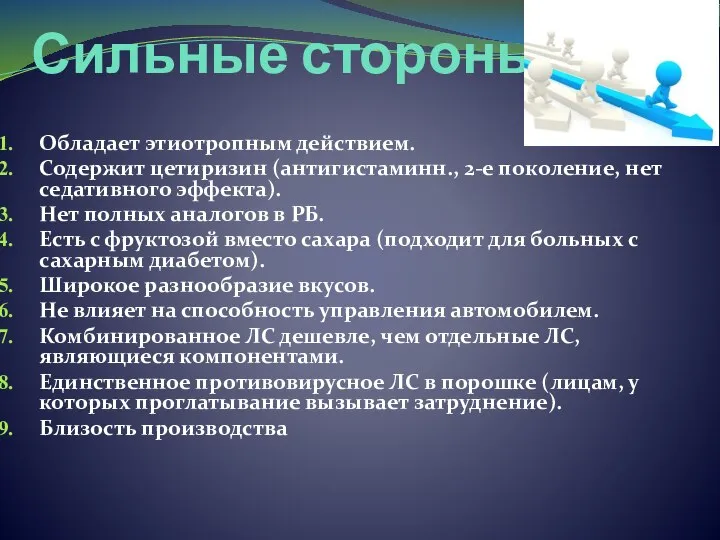 Сильные стороны Обладает этиотропным действием. Содержит цетиризин (антигистаминн., 2-е поколение, нет